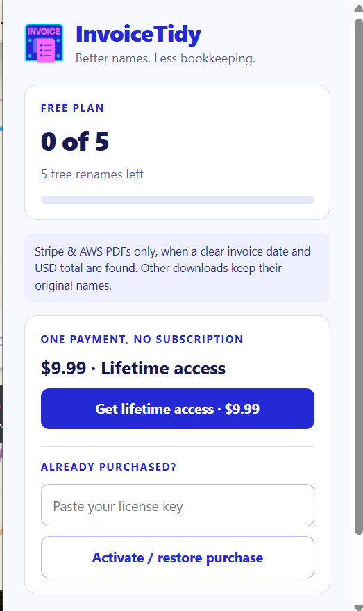 Actual InvoiceTidy popup showing the free plan, five free renames, Stripe and AWS support, and $9.99 lifetime access
